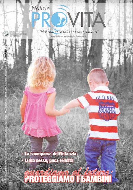 Copertina del n. 45 di Notizie Pro Vita - due bambini, tenendosi per mano, si avventurano in una selva