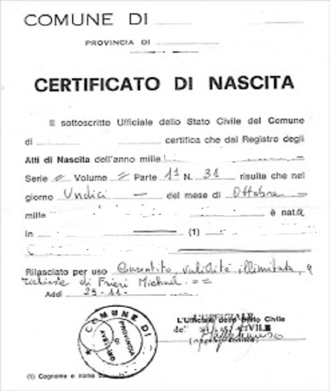 un modello di certificato di nascita