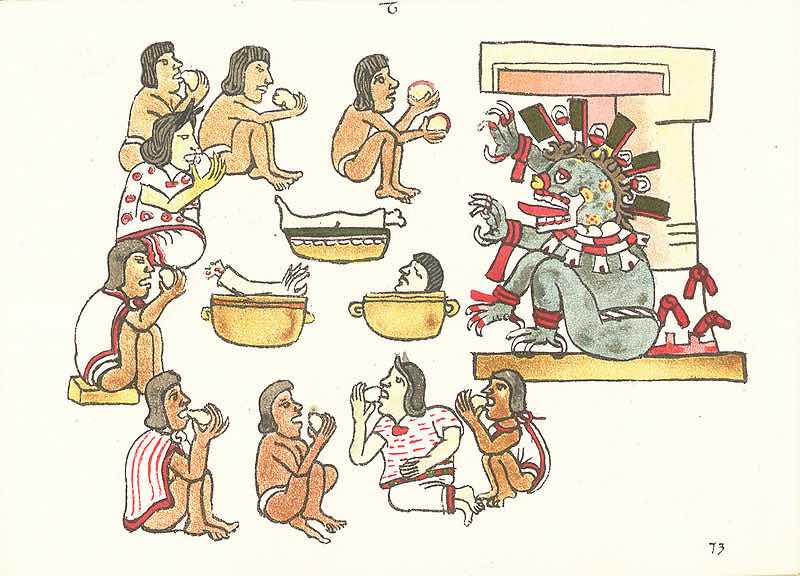 Immagine di cannibalismo atzeco tartta dal Codex Machilabechian, Folio 73r: uomini seduti in cerchio davanti alla divinità divorano parti umne che cuociono in pentole al centro