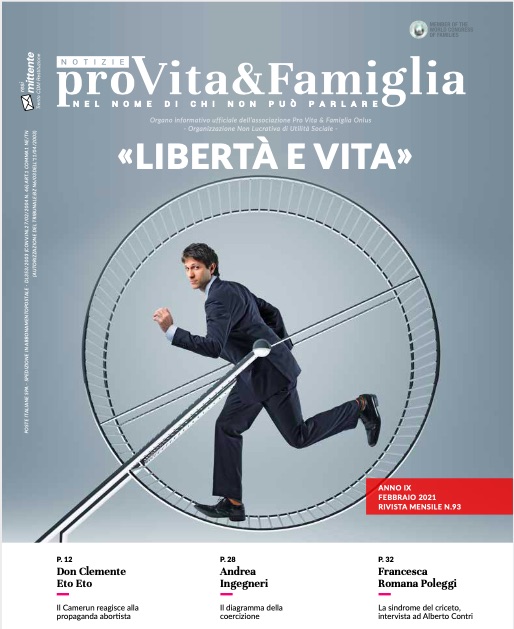 Copertina NPVF 93: libertà e vita. Un uomo corre in una ruota da criceto