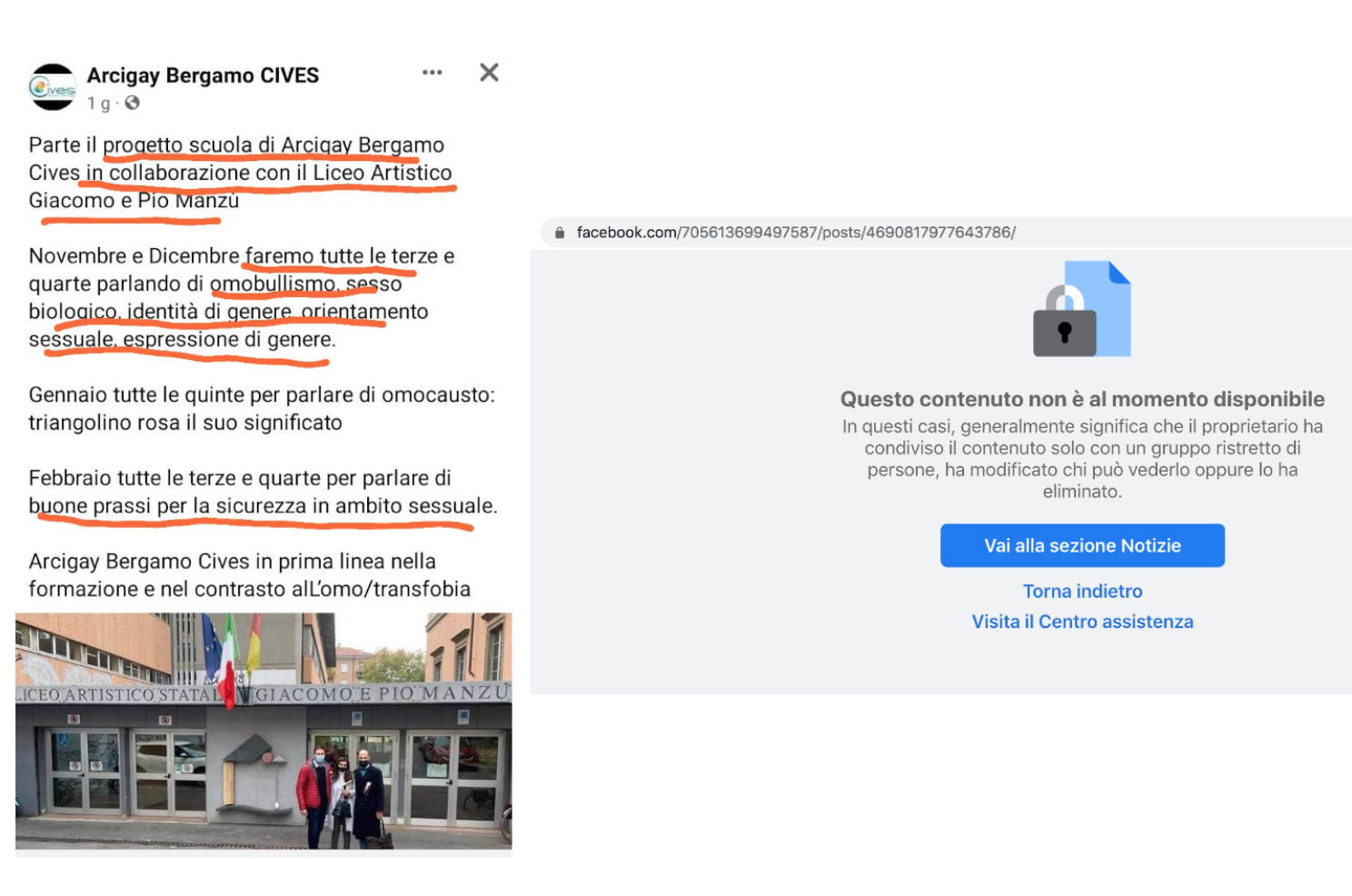 Gender. Progetto Lgbt liceo Bergamo. Post rimosso da facebook. PV&F: «Perché? Si farà lo stesso? La scuola spieghi!» 1