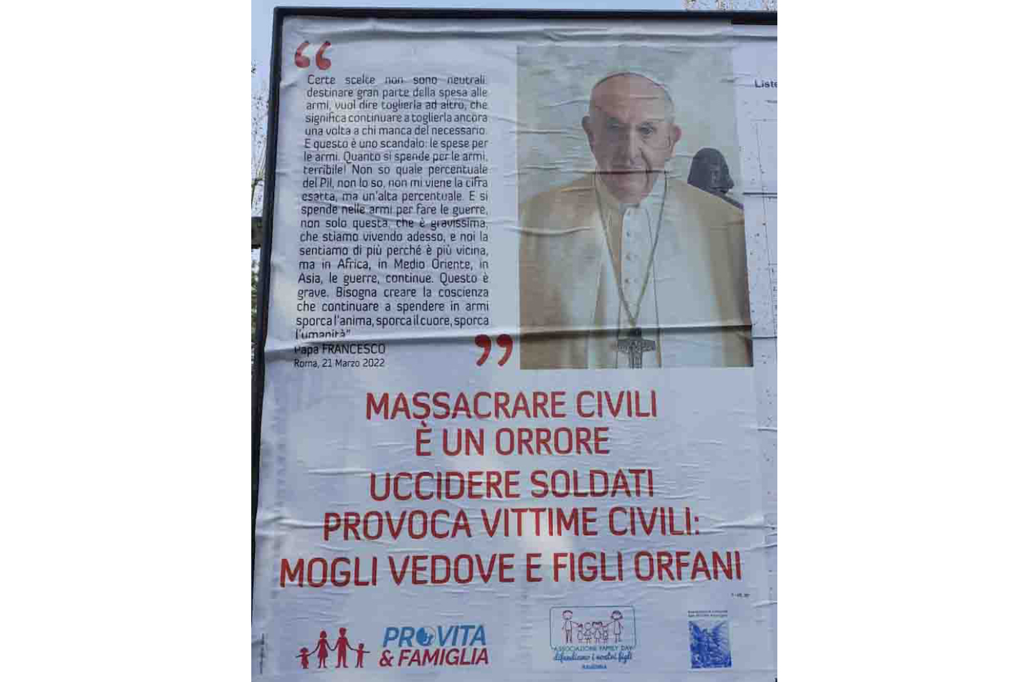 Guerra. Pro Vita & Famiglia Emilia Romagna: «Affissioni per chiedere lo stop dell’invio di armi in Ucraina. Basta ulteriori morti!» 1