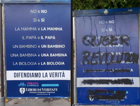 Parma. Imbrattati manifesti su mamma, papà e biologia 1